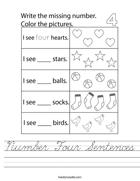 Number Four Sentences Worksheet