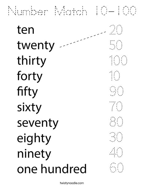 Number Match 10-100 Coloring Page