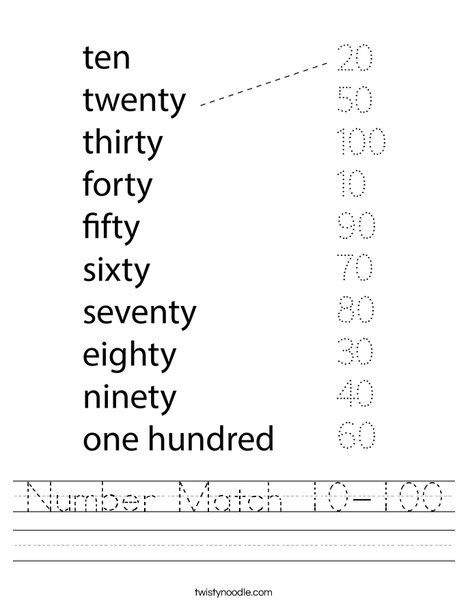 number match 10 100 worksheet twisty noodle