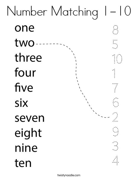 number matching 1 10 coloring page twisty noodle