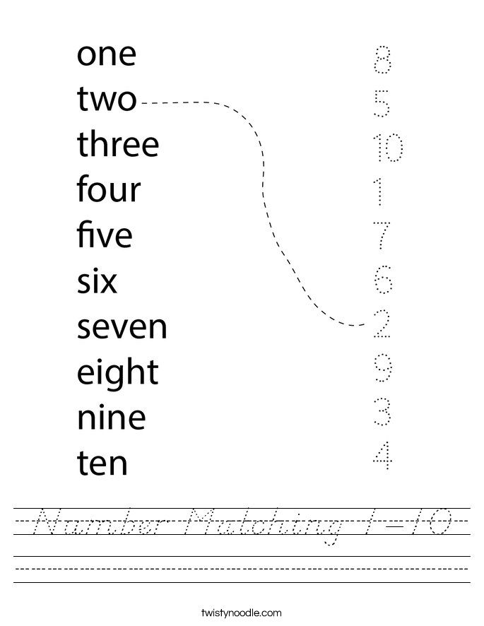 number matching 1 10 worksheet dnealian twisty noodle