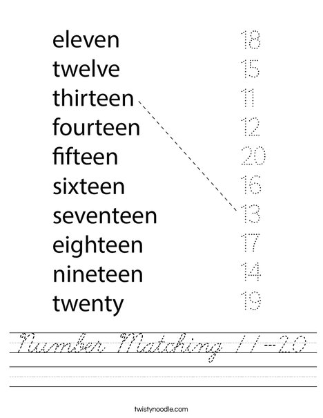 number matching 11 20 worksheet cursive twisty noodle