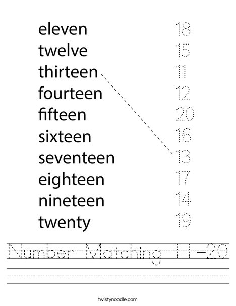 Free Numbers 11 20 Worksheets Teacher S Zone Number Matching 11 20 Worksheet Twisty Noodle 