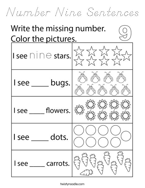 Number Nine Sentences Coloring Page