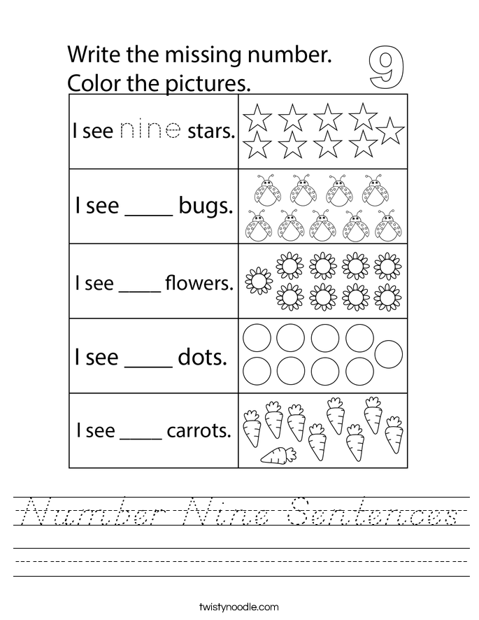 Number Nine Sentences Worksheet