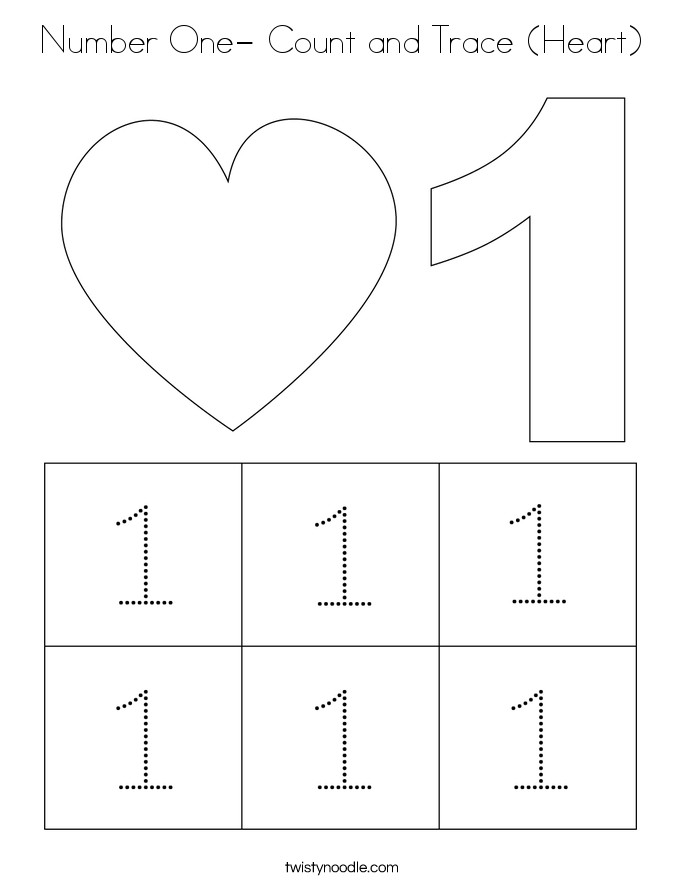 Number One- Count and Trace (Heart) Coloring Page