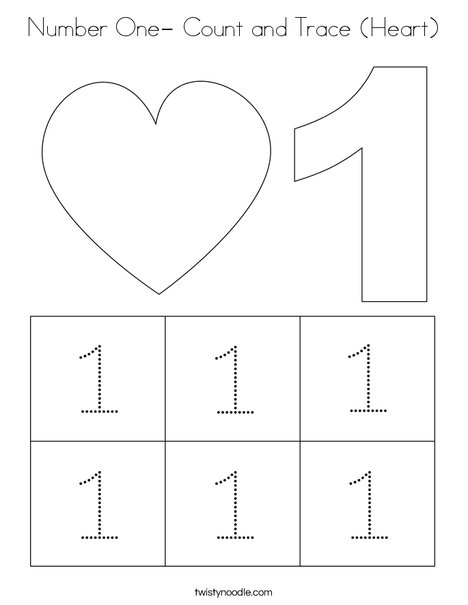 Number One- Count and Trace (Heart) Coloring Page
