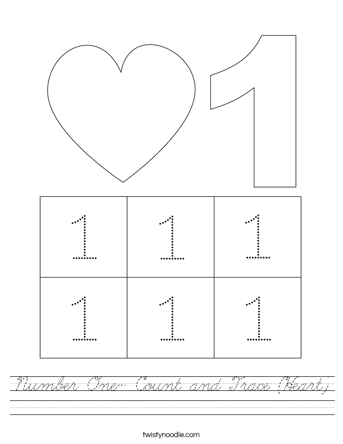 Number One- Count and Trace (Heart) Worksheet
