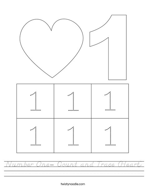 Number One- Count and Trace (Heart) Worksheet