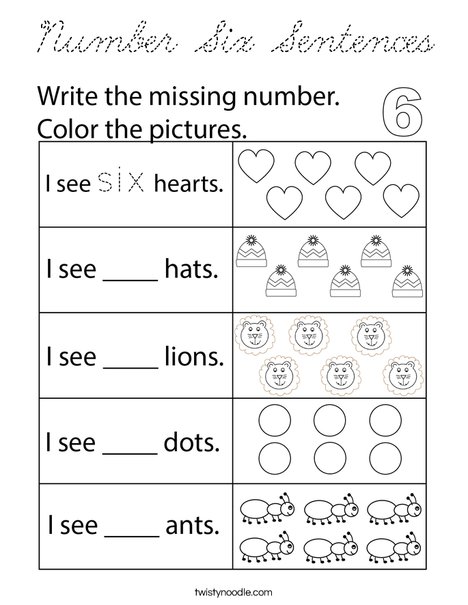 Number Six Sentences Coloring Page