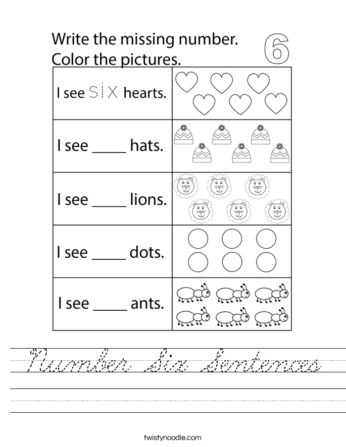 Number Six Sentences Worksheet
