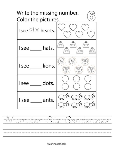 Number Six Sentences Worksheet