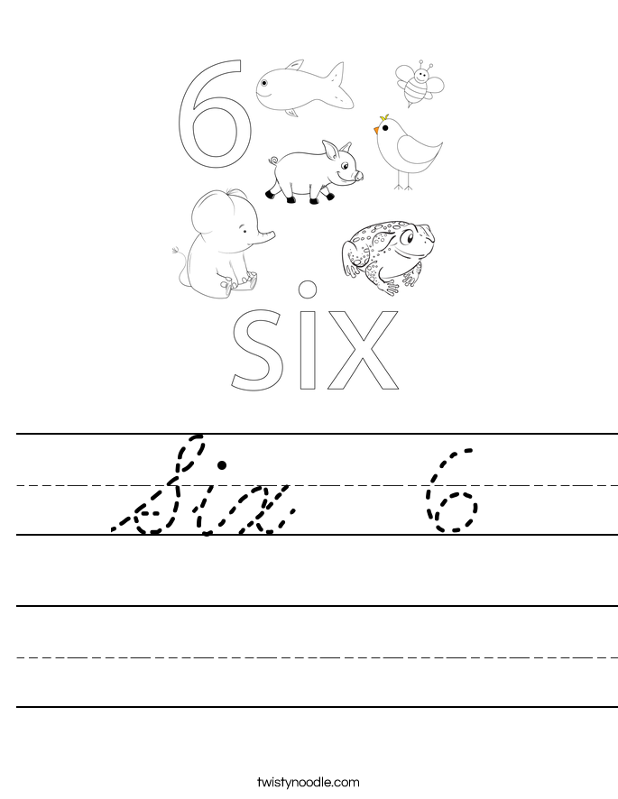 Six 6 Worksheet - Cursive - Twisty Noodle