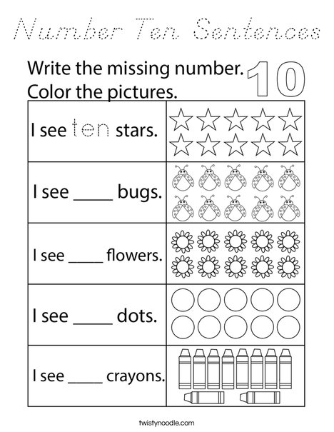 Number Ten Sentences Coloring Page