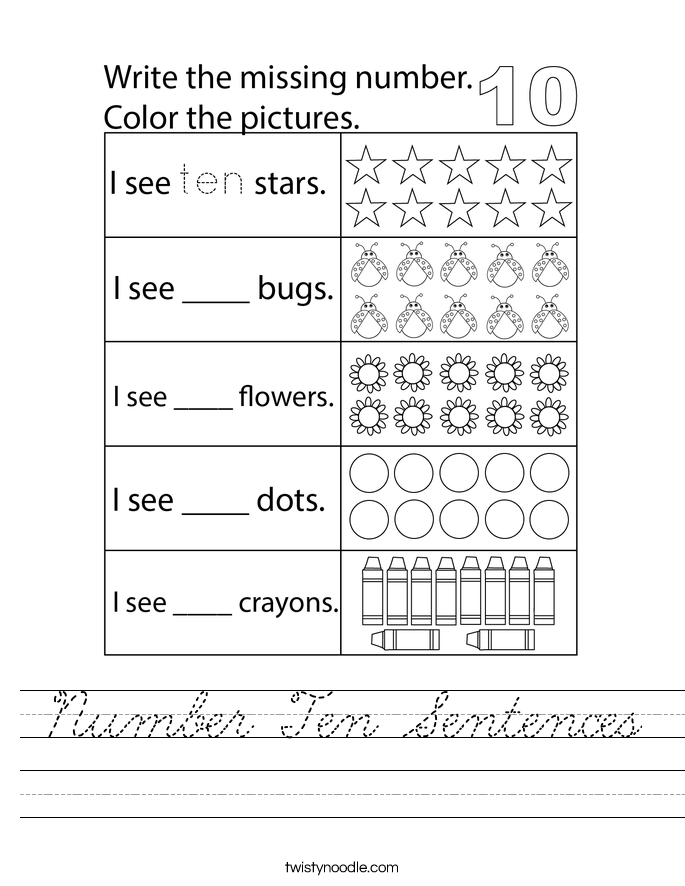 Number Ten Sentences Worksheet
