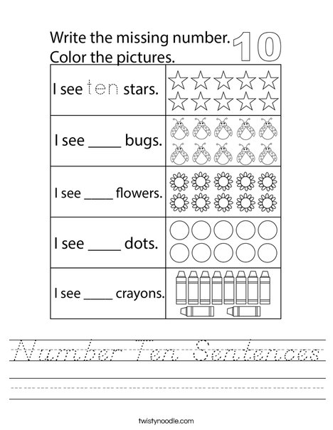 Number Ten Sentences Worksheet