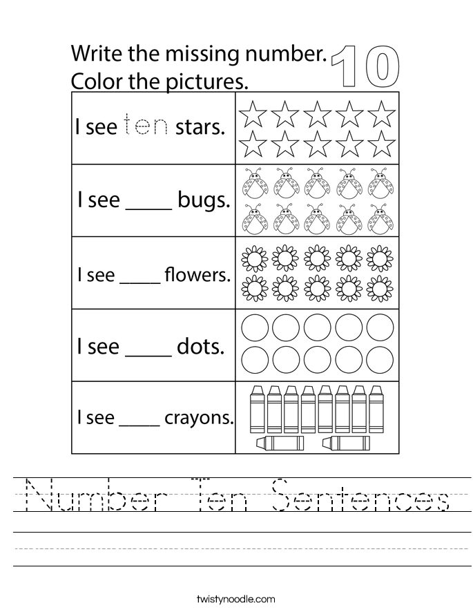 Number Ten Sentences Worksheet