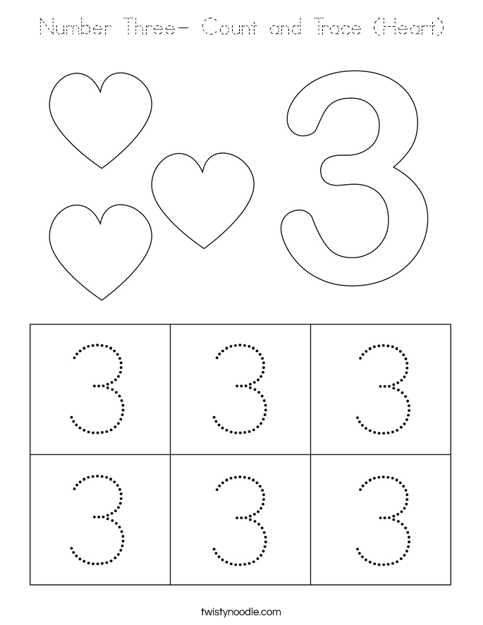 Number Three- Count and Trace (Heart) Coloring Page
