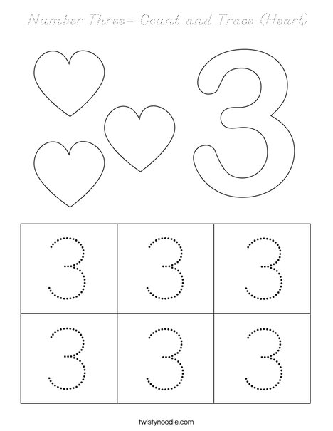 Number Three- Count and Trace (Heart) Coloring Page
