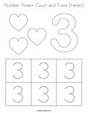 Number Three- Count and Trace (Heart) Coloring Page