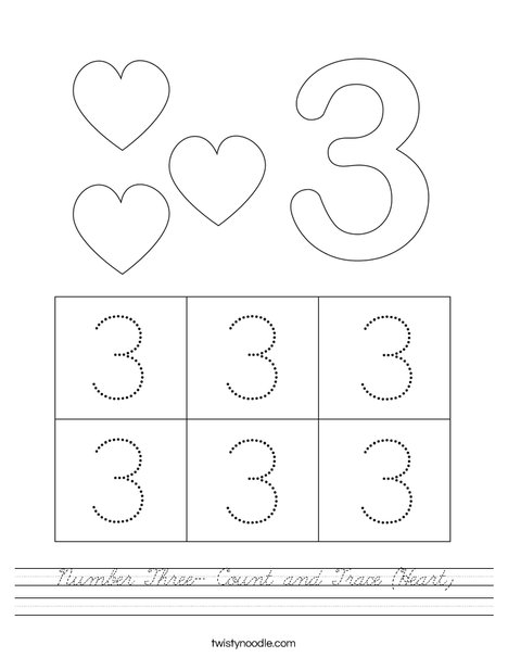 Number Three- Count and Trace (Heart) Worksheet