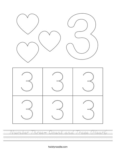 Number Three- Count and Trace (Heart) Worksheet