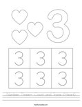 Number Three- Count and Trace (Heart) Worksheet