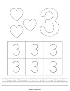 Number Three- Count and Trace (Heart) Handwriting Sheet