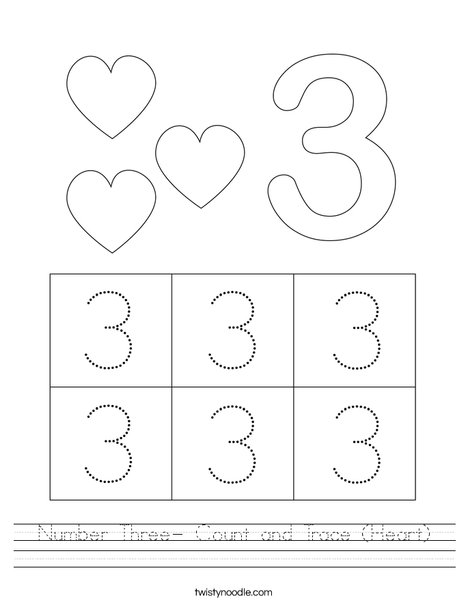 Number Three- Count and Trace (Heart) Worksheet