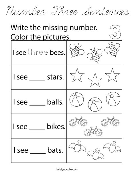 Number Three Sentences Coloring Page
