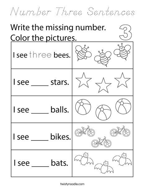 Number Three Sentences Coloring Page