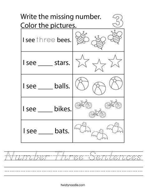 Number Three Sentences Worksheet