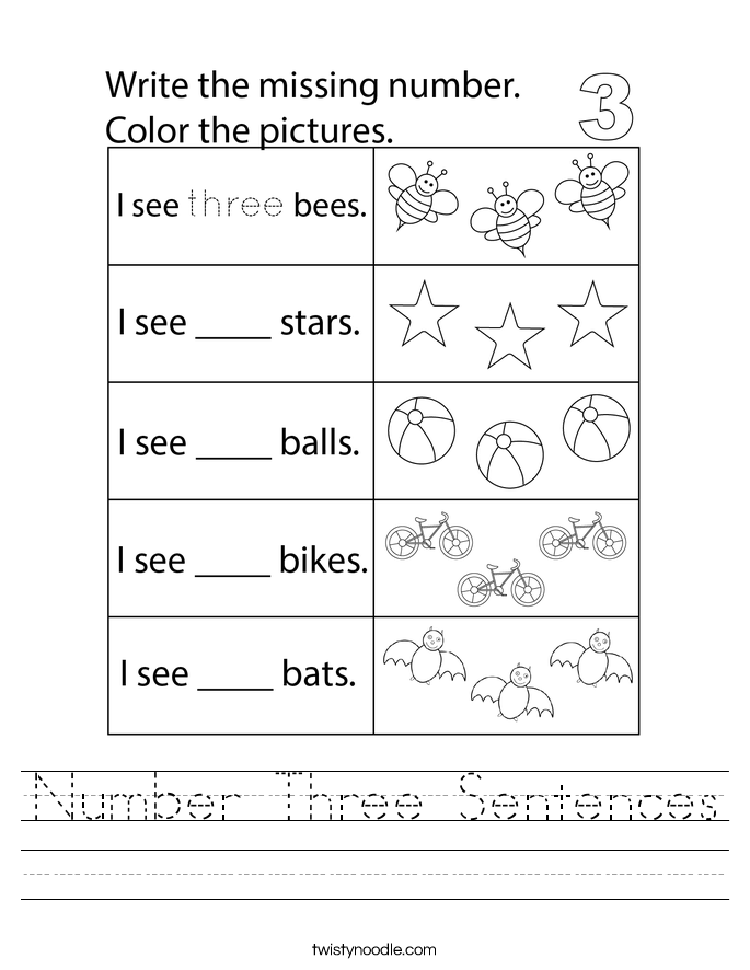 Number Three Sentences Worksheet