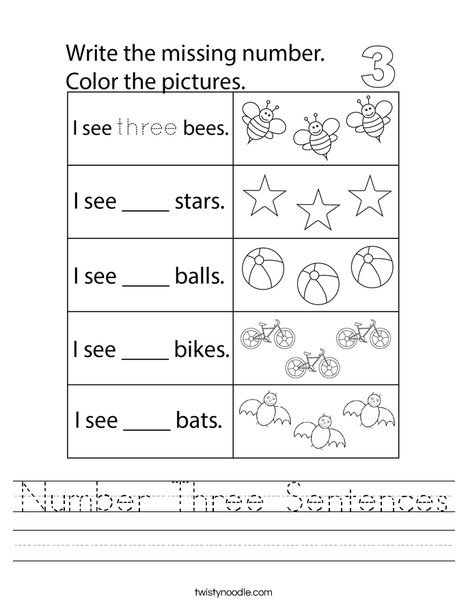 Number Three Sentences Worksheet