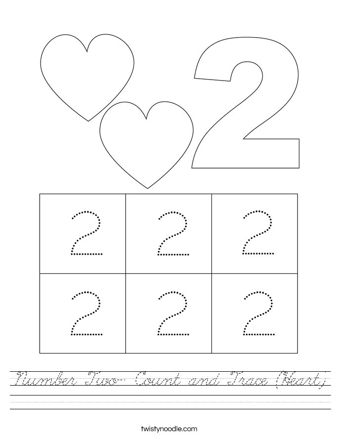 Number Two- Count and Trace (Heart) Worksheet