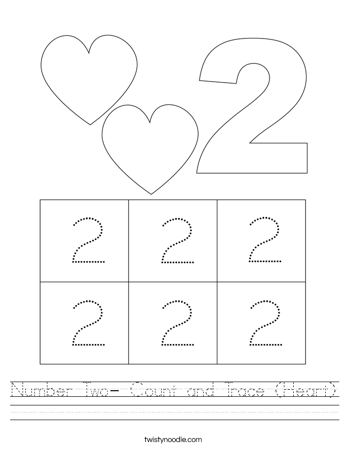 Number Two- Count and Trace (Heart) Worksheet
