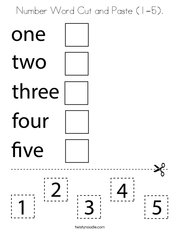 Number Word Cut and Paste (1-5). Coloring Page