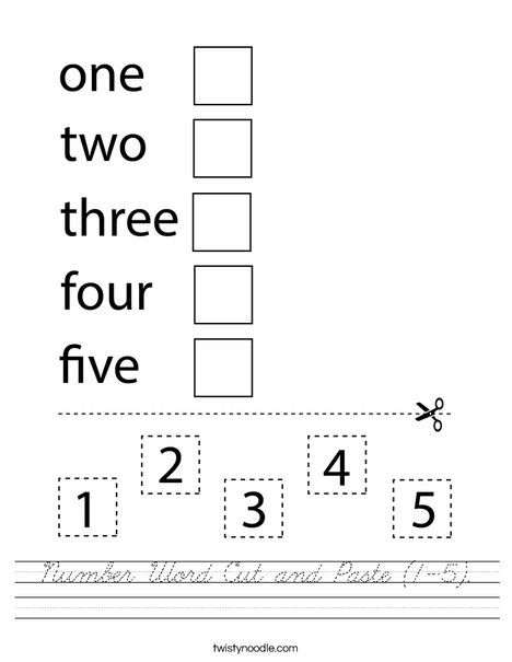 Number Word Cut and Paste (1-5). Worksheet