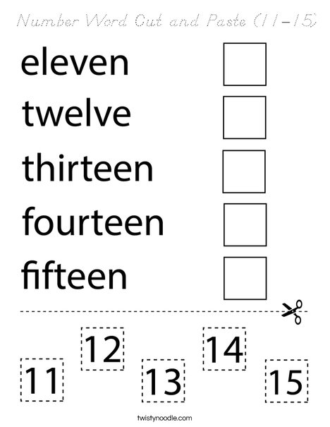 Number Word Cut and Paste (11-15). Coloring Page