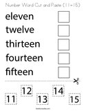 Number Word Cut and Paste (11-15) Coloring Page