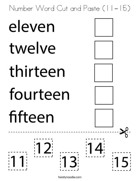 Number Word Cut and Paste (11-15). Coloring Page