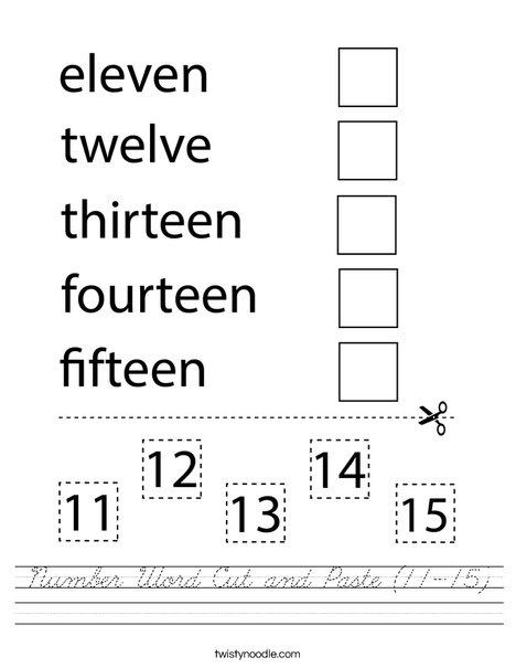 Number Word Cut and Paste (11-15). Worksheet