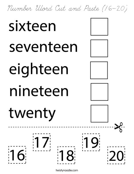Number Word Cut and Paste(16-20) Coloring Page