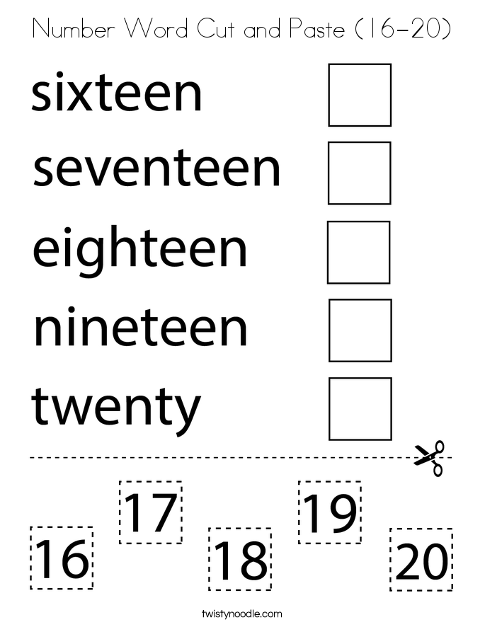 Number Word Cut and Paste (16-20) Coloring Page
