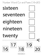 Number Word Cut and Paste (16-20) Coloring Page