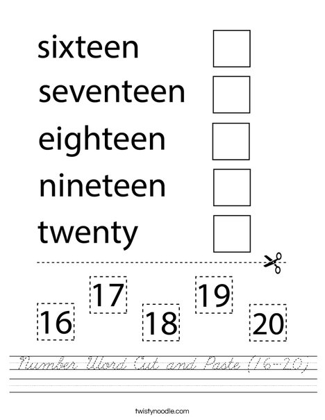 Number Word Cut and Paste(16-20) Worksheet