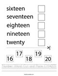 Number Word Cut and Paste (16-20) Worksheet