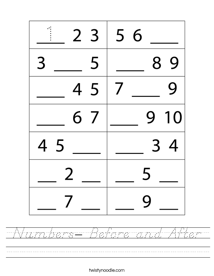 numbers before and after worksheet dnealian twisty noodle