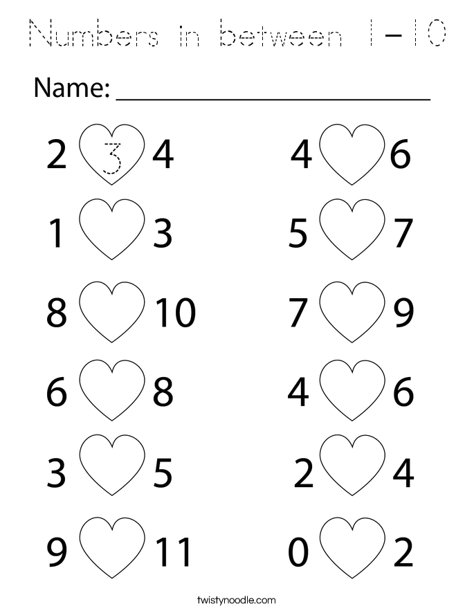 Numbers in between 1-10 Coloring Page