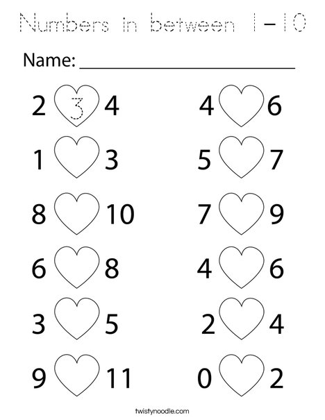 Numbers in between 1-10 Coloring Page